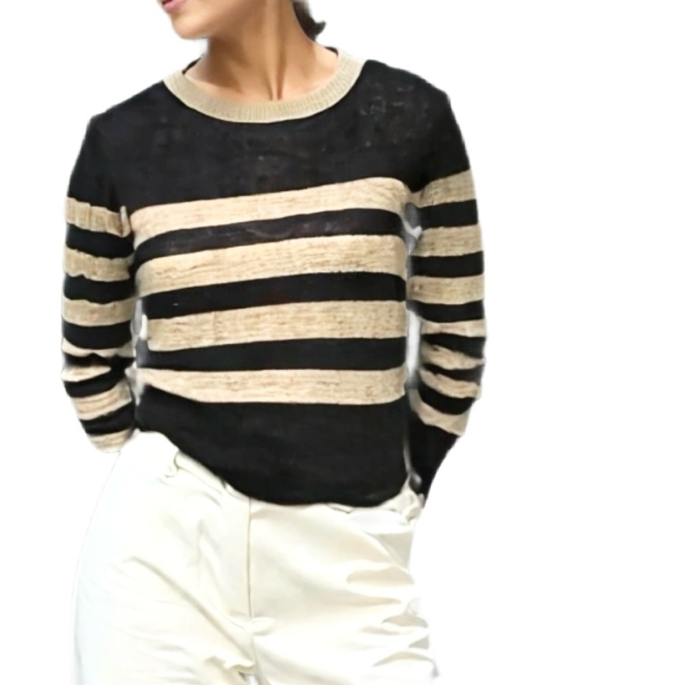 Club Monaco Black and Beige Striped Crewneck Sweater